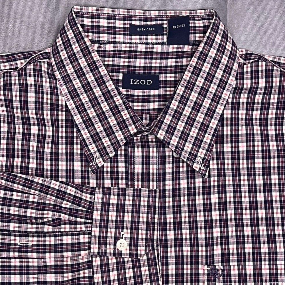 IZOD Button Down Shirt Mens XXL Blue Red Plaid Excellent Easy Care Long Sleeve